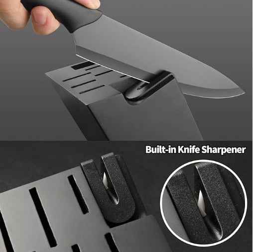 16 Pieces Kitchen Knife Block Set With Cutting Board, German Stainless Steel Knife Set With Sharpener, Dishwasher Safe, Anti-Slip Handle, 6 Steak Knives, Black