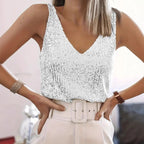 Women's Solid Color Sequin Sleeveless Top, V-Neck Sparkling Party Blouse For Casual And Evening Wear in silver sequins.