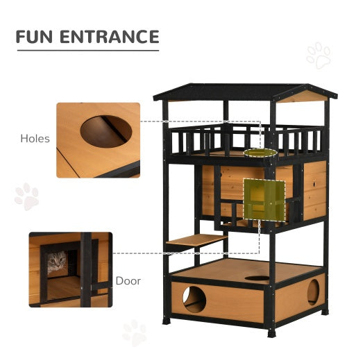 Wooden Outdoor Cat House, Wild Cat Shelter Kitten Tree Weatherproof
