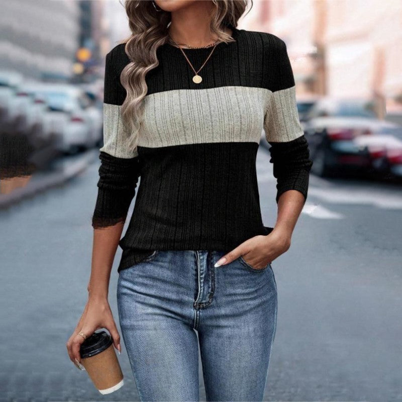 Women's Elegant Color-Block Round Neck Top - Basic Solid Color Contrast Casual Shirt For Fall&Winter worn with jeans on street