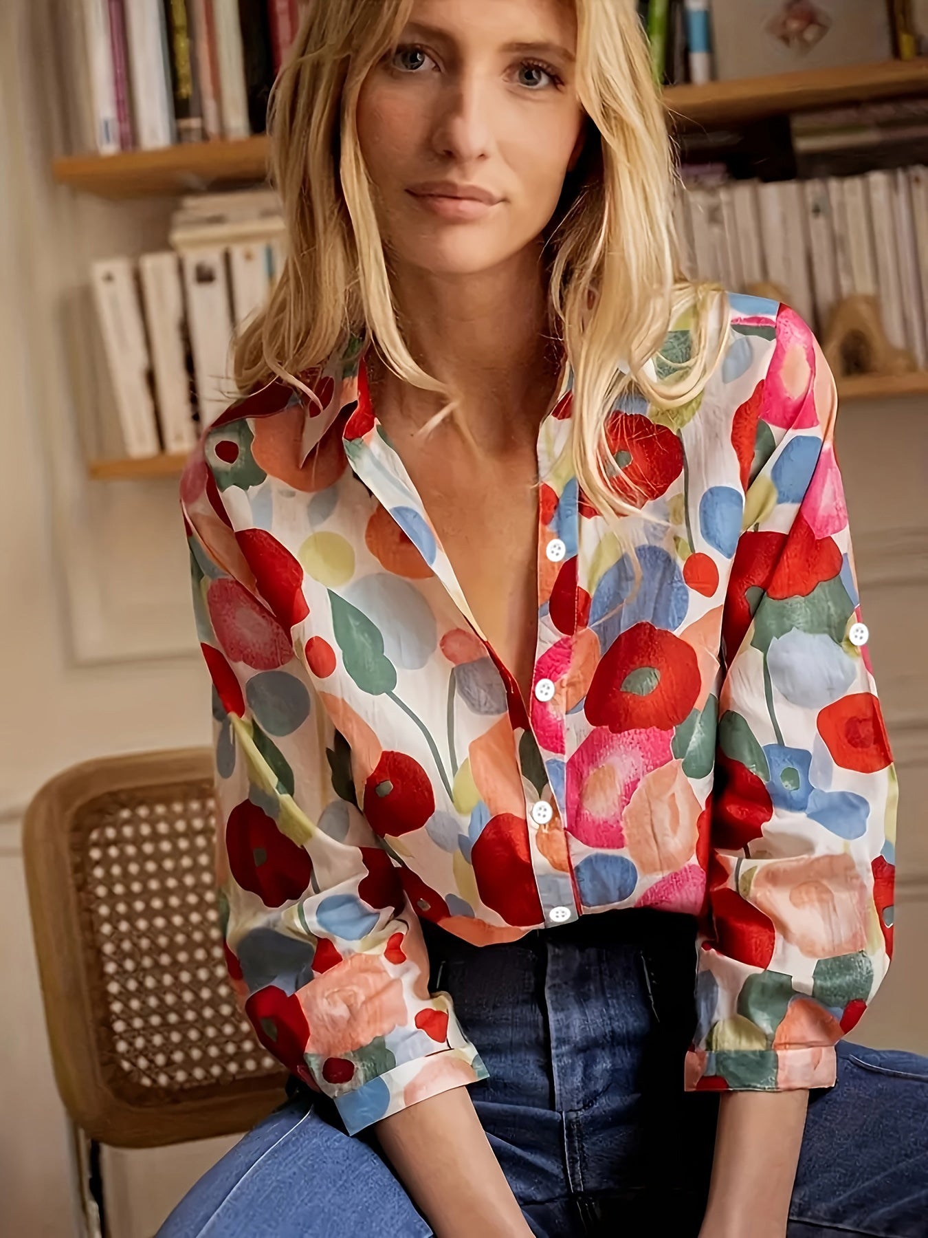 Women's Shirt Long Sleeved Shirt Casual Printed Flower Shirt in vibrant floral print, perfect for casual wear.