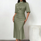Women's Short Sleeve Ruched Midi Dress Slim Fit Elegant Party in olive green with a sleek silhouette and chic mock neck.