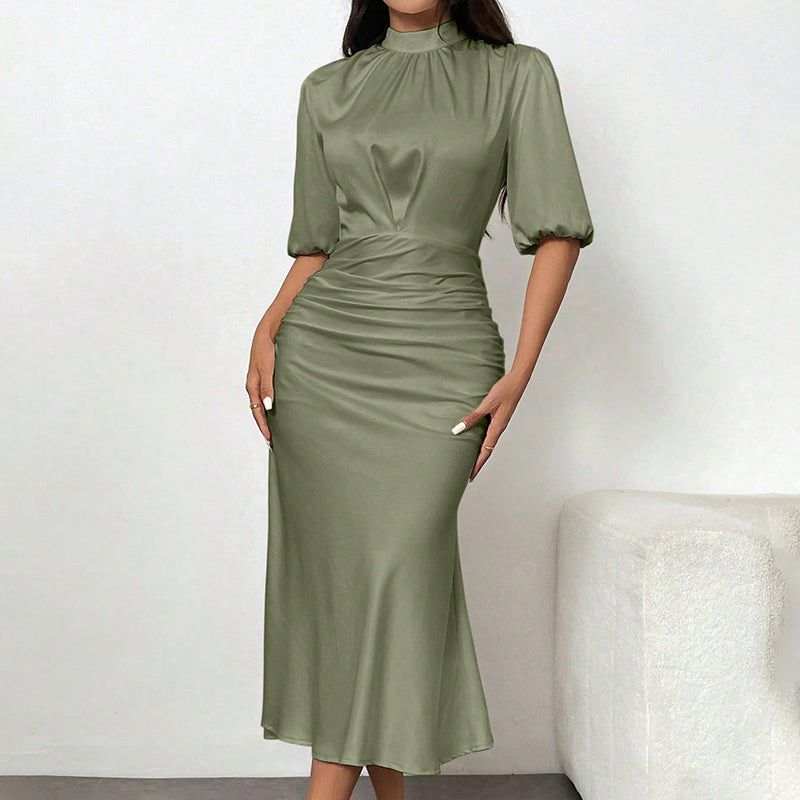 Women's Short Sleeve Ruched Midi Dress Slim Fit Elegant Party in olive green with a sleek silhouette and chic mock neck.