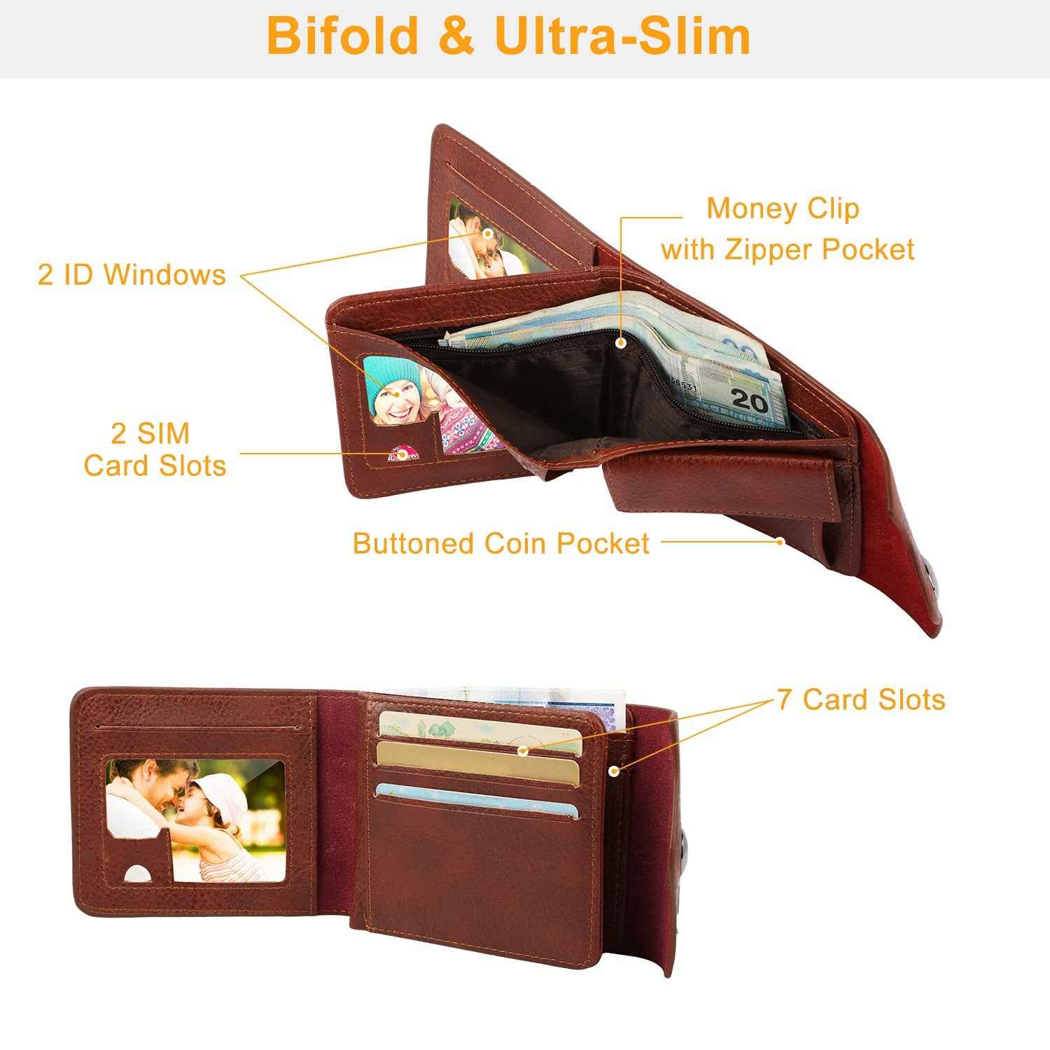 1Pc Men  Wallet PU Leather Purse Slim Card Holder Cases With 2 ID Window Coin Pocket