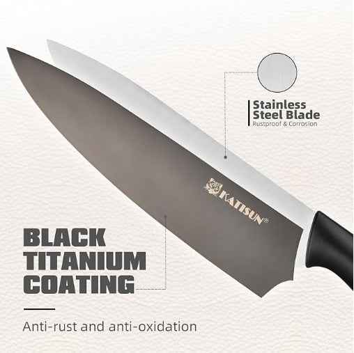 15-Piece Knife Set, High Carbon Stainless Steel Imported From Germany, Beveled Mercerized Blade, Black Titanium Stainless Steel Knives Block Set With Built-in Sharpener, Non-Slip Handles