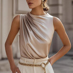 Women's Elegant Sleeveless Mock Neck Top Ruffle Detail Blouse