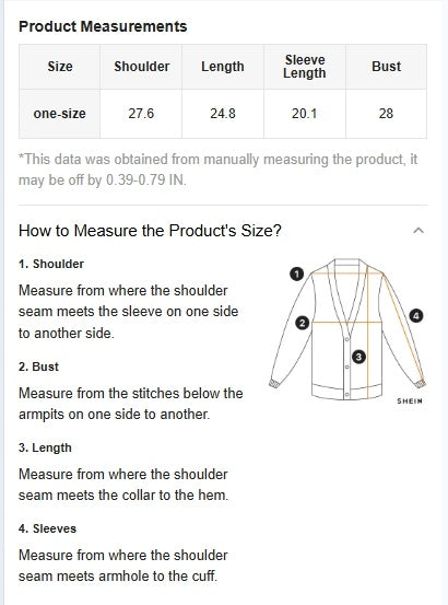 Product measurements guide for Women's Oversized Faux Cashmere Cardigan Sweater Gold Trim Clashing Button Knit Fashion Sweater.