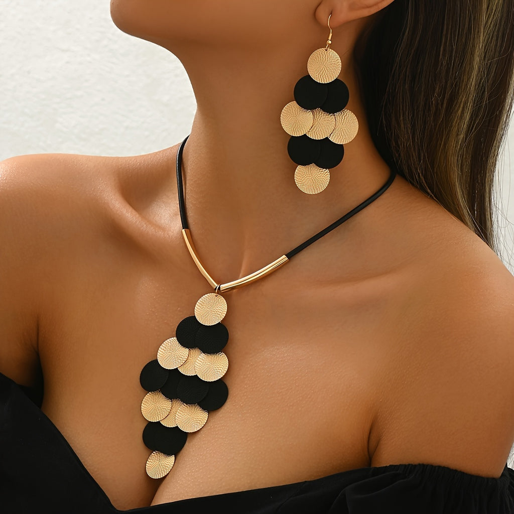 14K Gold Lxalry Handmade Necklace and Earrings Set Gold Black Pendant Jewelry