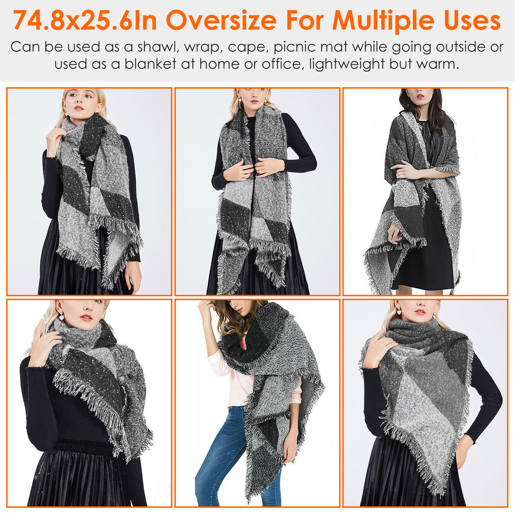 1Pc Women Winter Warm Scarf 74.8x25.6In Long Soft Knitted Shawl Extra Thick Plaid Blanket Wrap Cape in multiple styles and uses.