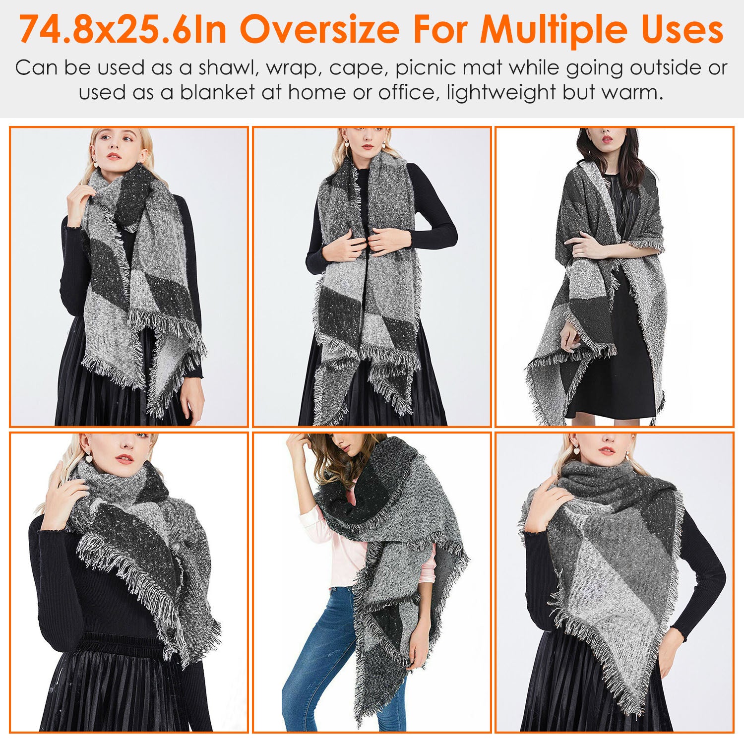 1Pc Women Winter Warm Scarf 74.8x25.6In Long Soft Knitted Shawl Extra Thick Plaid Blanket Wrap Cape in multiple styles and uses.