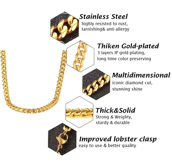 Stainless Steel Gold Silver Chain Cuban Curb Women, Men Necklace