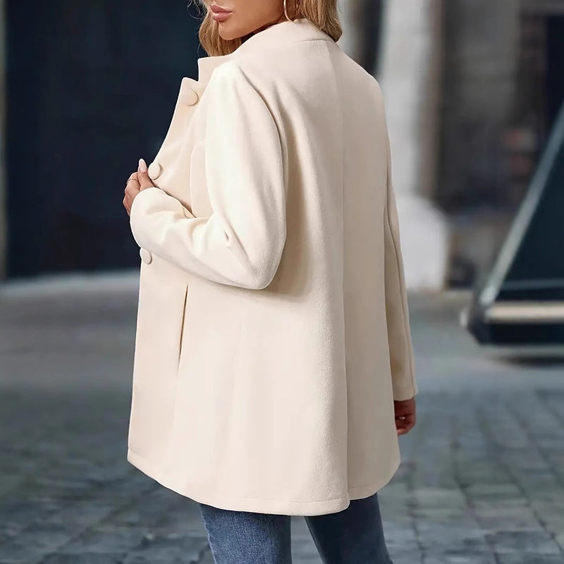 Womens Elegant Single Breasted Coat Long Sleeve Mid Winter Overcoat Work Office Coats in cream color from the back.