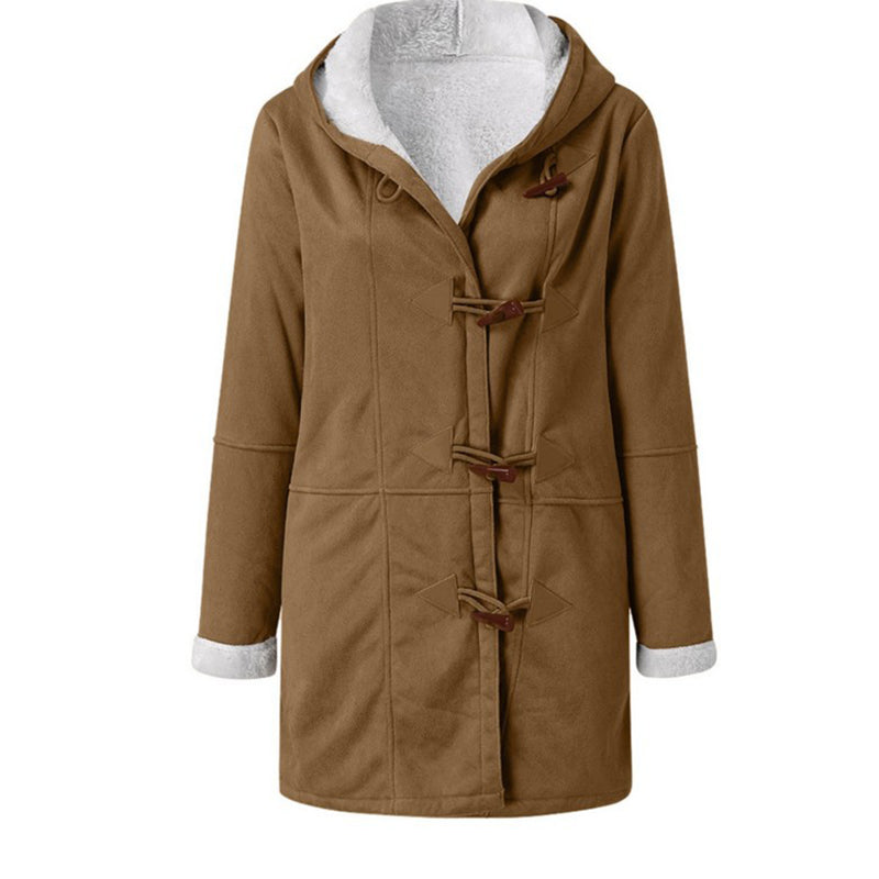 Winter Jackets For Women Sherpa Lined Jacket Women Duffle Toggle Coat Hooded Fleece Jacket in brown with hood and toggle closures.