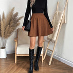 Suede-Look A-Line Mini Skirt High Waist Elastic Above-Knee Spring