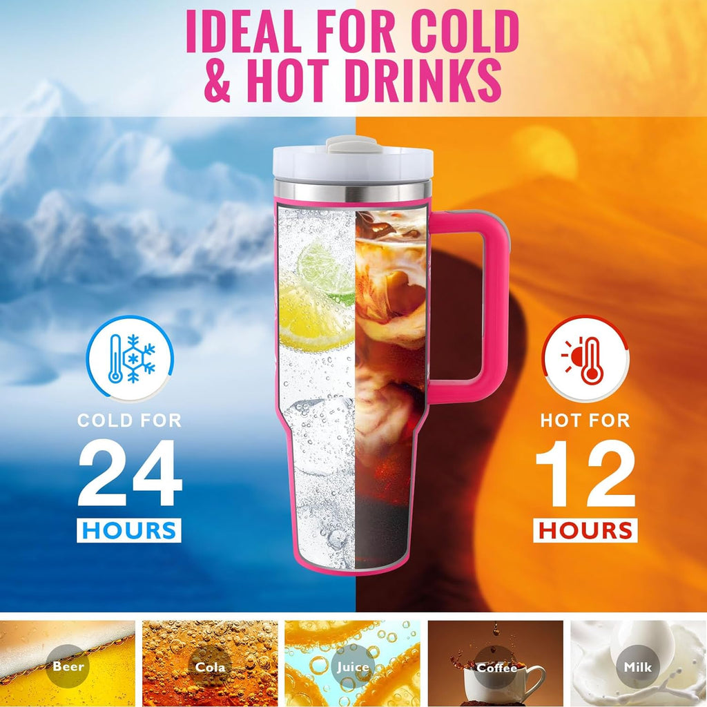 40oz Insulated Stainless Steel Tumbler Handle Straw Lid ideal for cold and hot drinks, keeps drinks cold for 24 hours and hot for 12 hours.