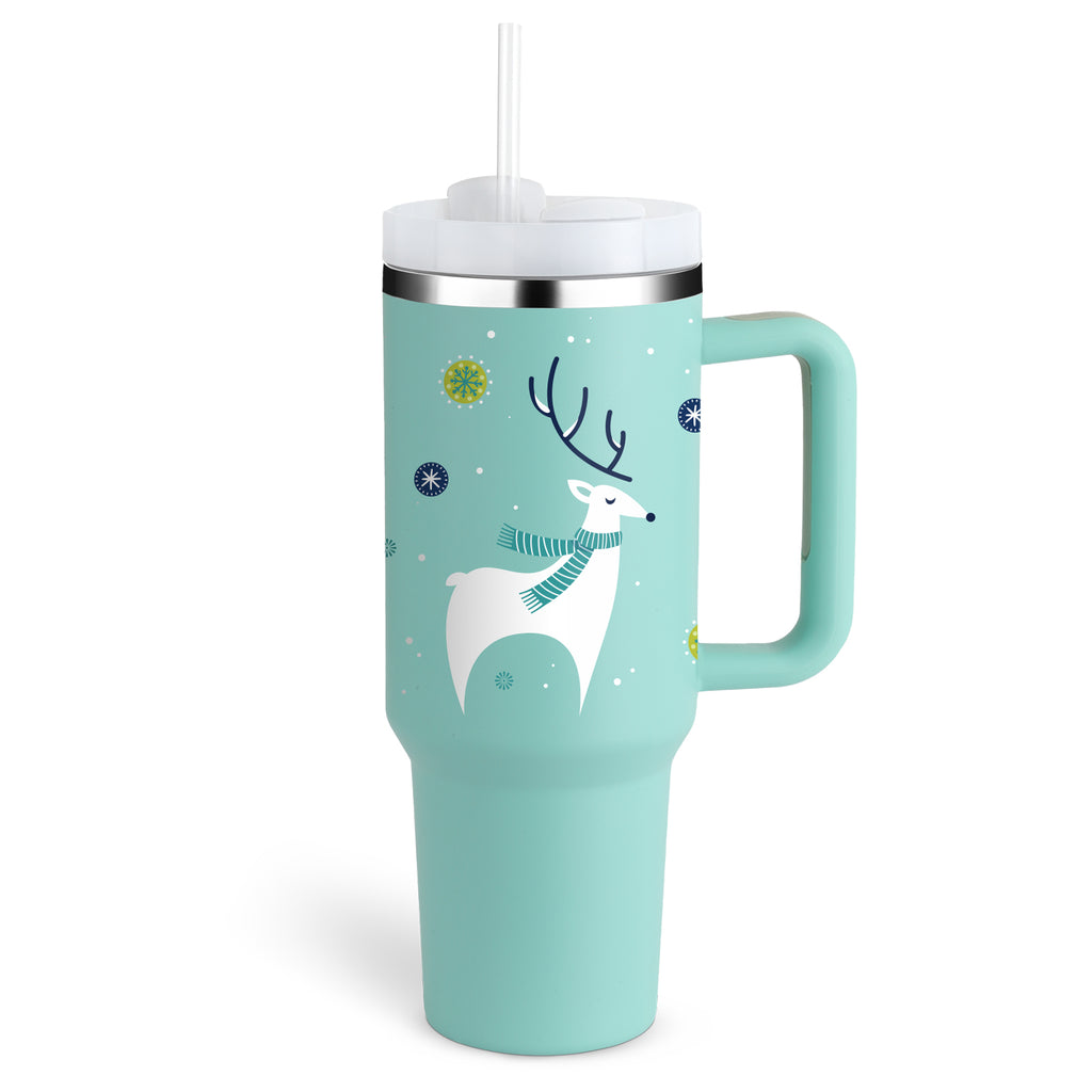 40oz Insulated Stainless Steel Tumbler Handle Straw Lid with festive deer design and built-in handle.
