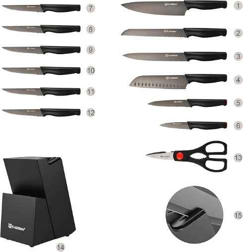 15-Piece Knife Set, High Carbon Stainless Steel Imported From Germany, Beveled Mercerized Blade, Black Titanium Stainless Steel Knives Block Set With Built-in Sharpener, Non-Slip Handles