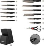 15-Piece Knife Set, High Carbon Stainless Steel Imported From Germany, Beveled Mercerized Blade, Black Titanium Stainless Steel Knives Block Set With Built-in Sharpener, Non-Slip Handles
