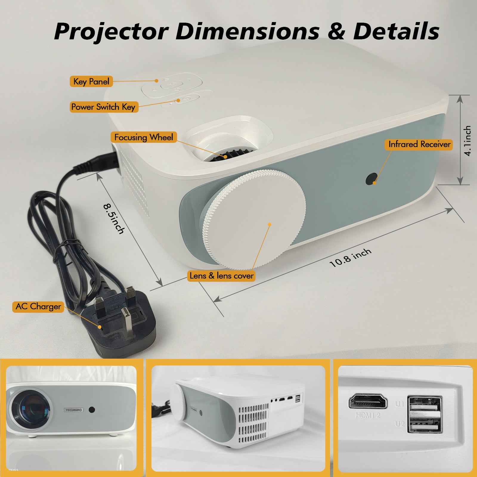 TECDIGBO Smart Projector C55, Native 1080P with UHD 4K Support, High-Definition Home Theater Projector, White (US Version)