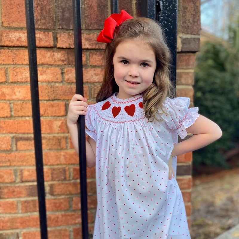 Baby Girl's Valentine's Day Dress Short Sleeve Red Heart Embroidery Dress With Headband Smocked Princess Party Dress