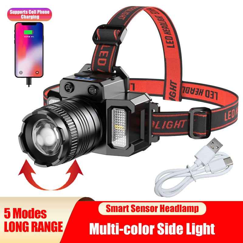 LED Tactical Headlamp Head Torch USB Rechargeable Motion Sensor Headlight Zoomable 5 Modes Emergency Power Bank For Mobile Phone Main image