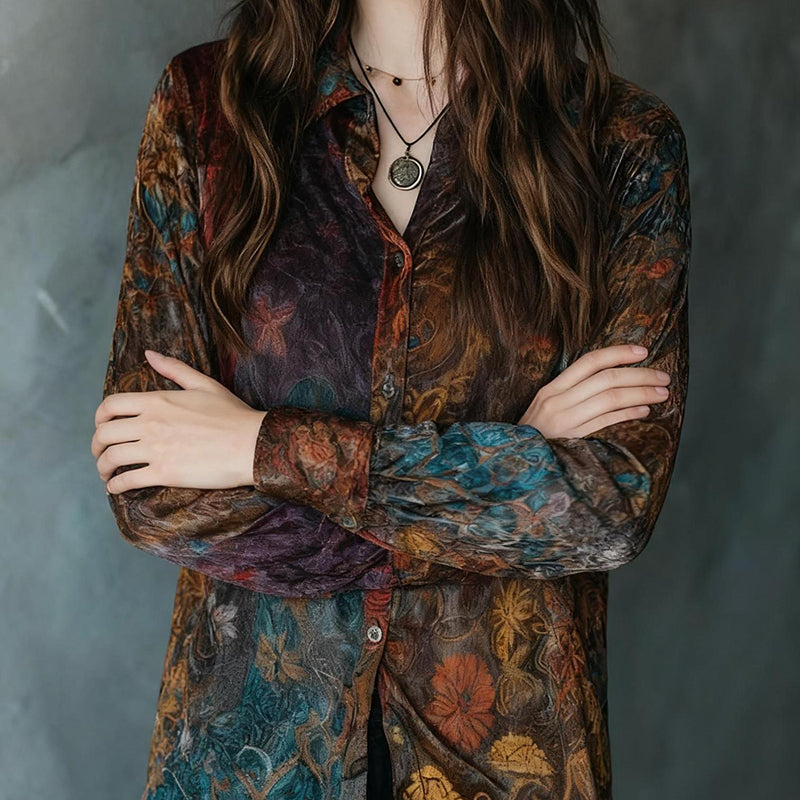 Women's Retro Boho Floral Shirt - Button Down Long Sleeve Blouse Top