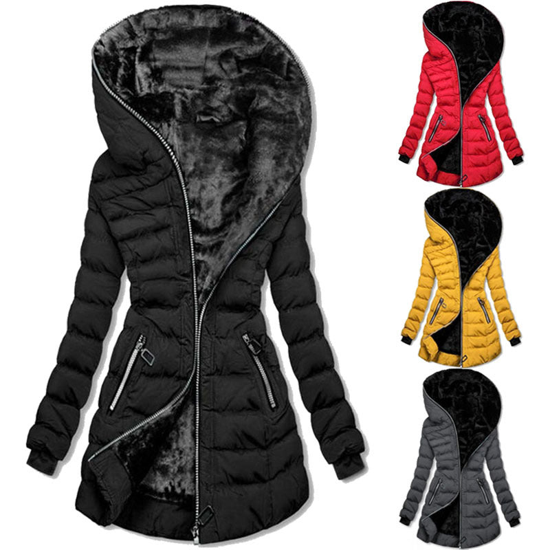 Hooded Warm Fleece Padded Jacket Mid-length Jacket Black Padded Jacket design showcasing multiple color options.