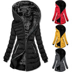 Hooded Warm Fleece Padded Jacket Mid-length Jacket Black Padded Jacket design showcasing multiple color options.