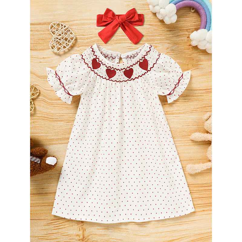 Baby Girl's Valentine's Day Dress Short Sleeve Red Heart Embroidery Dress With Headband Smocked Princess Party Dress