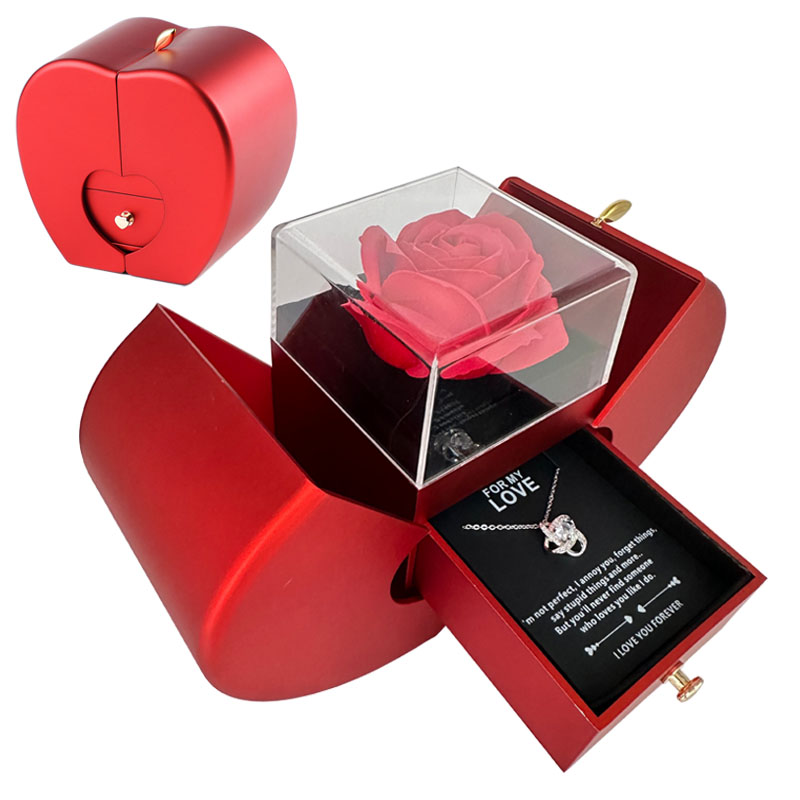 Red Apple Jewelry Box with Artificial Rose Gift for Her Chic Gift