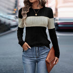 Women's Elegant Color-Block Round Neck Top - Basic Solid Color Contrast Casual Shirt For Fall&Winter in black and beige.