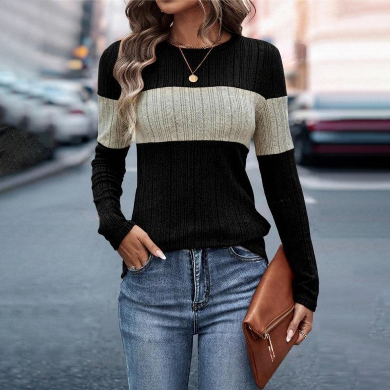 Women's Elegant Color-Block Round Neck Top - Basic Solid Color Contrast Casual Shirt For Fall&Winter in black and beige.
