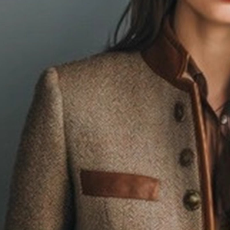 Women's Retro Elegant Jacket, Color-Block Button Front Coat With Stand Collar For Casual And Formal Wear.