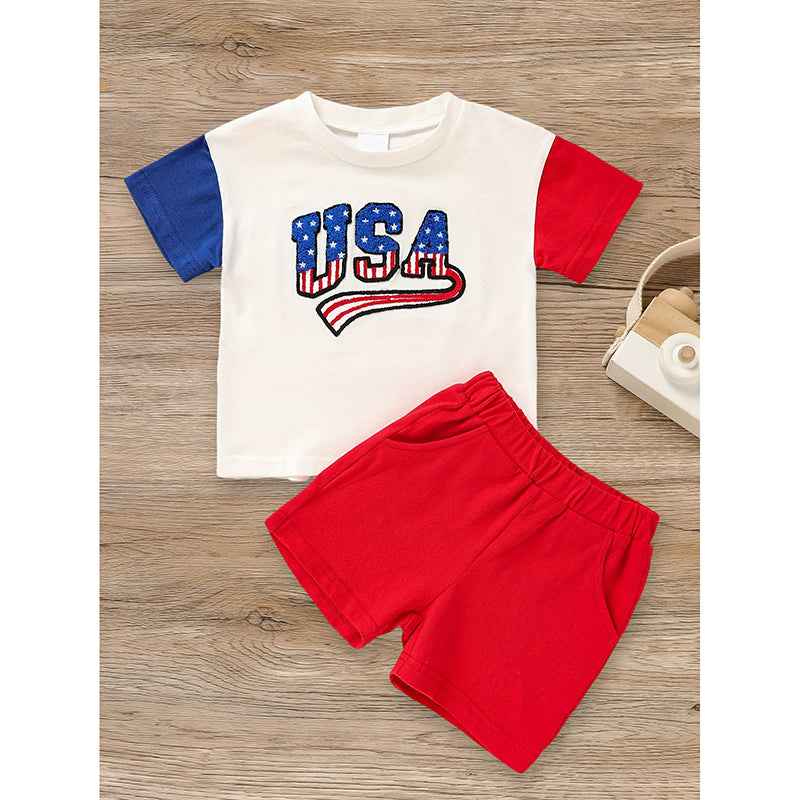 Infant Baby Boy 4th Of July Outfit Set USA Letter Print Color Block T-Shirt & Shorts For Independence Day Celebration Main image