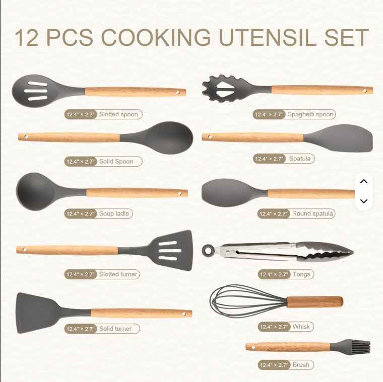 Non-Stick Silicon 12 Pcs Heat Resistant Wooden Handle Kitchen Cooking Secondary image