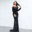 Women Sexy Off Shoulder Long Sleeve Feather Elegant Sequin Maxi Dresss worn by a model showcasing its sparkle and elegance.