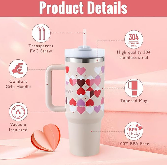 40oz Insulated Stainless Steel Tumbler Handle Straw Lid with hearts design, transparent straw, and comfort grip handle.