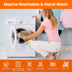 Woman loading a washing machine with laundry, highlighting machine washable and hand wash care instructions.