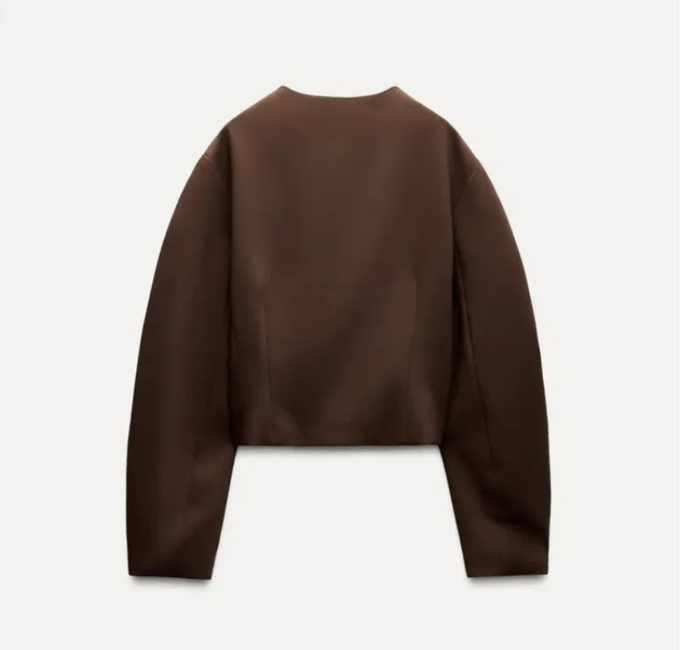 Slim-Fit Stand Collar Jacket & Skirt Set - back view of brown long-sleeve jacket with stand collar.