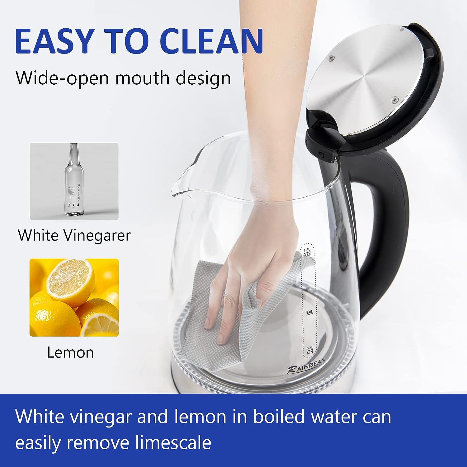 Electric Kettle Water Boiler 1.8L Wide Opening LED Light Auto Shut Off