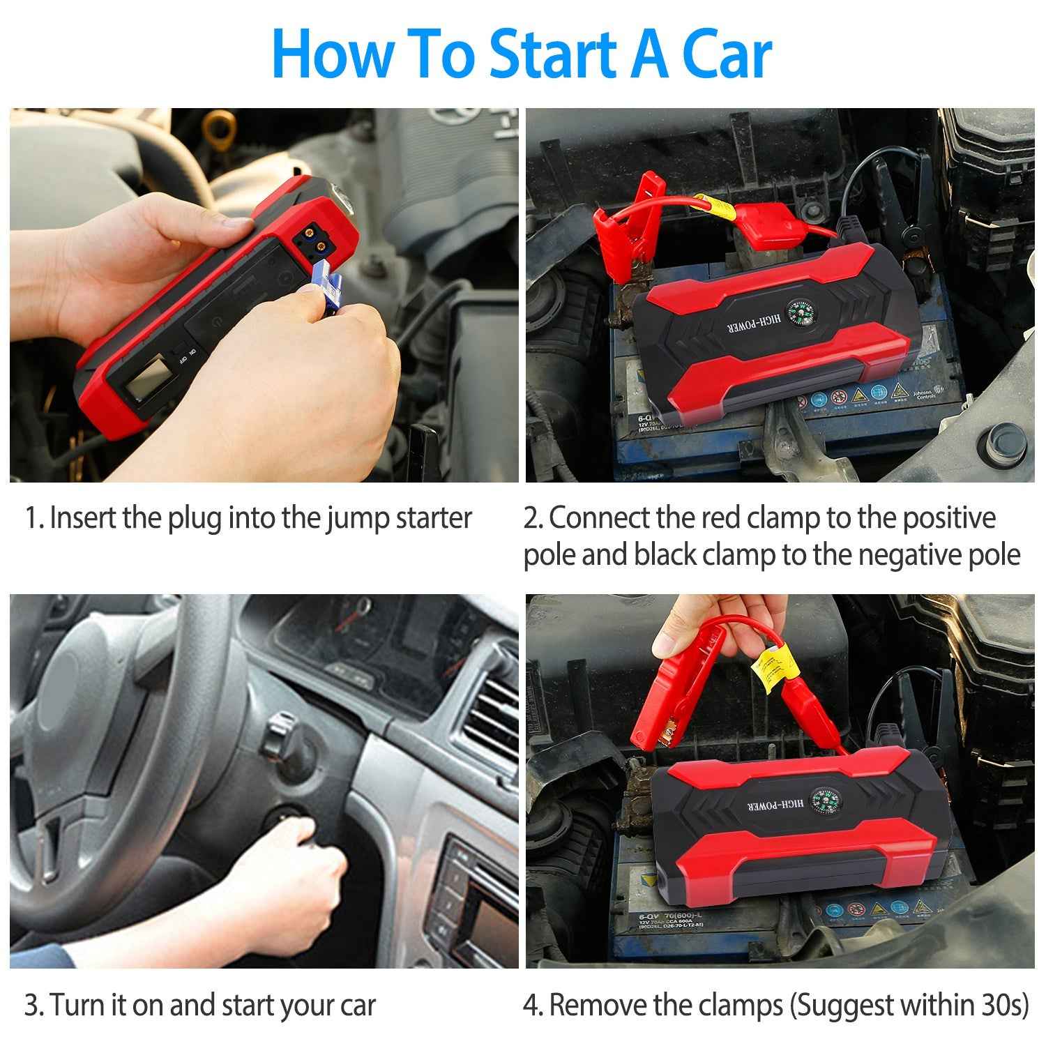 Car Jump Starter Booster 800A Peak 28000mAh 12V Battery Charger Up To 6.0L Gas Or 3.0L Diesel Engine With LCD Screen 4 Modes LED Flashlight
