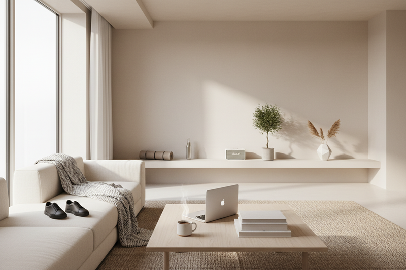 generate a Modern ecommerce lifestyle hero image for a premium yet accessible brand. Clean, minimal interior with soft neutral tones. Curated everyday products (fashion, electronics, home items) styled naturally in a modern living space. Bright natural lighting, calm and trustworthy mood, high-end but approachable aesthetic. No text, no logos, no people close-up. Professional Shopify website hero banner style.