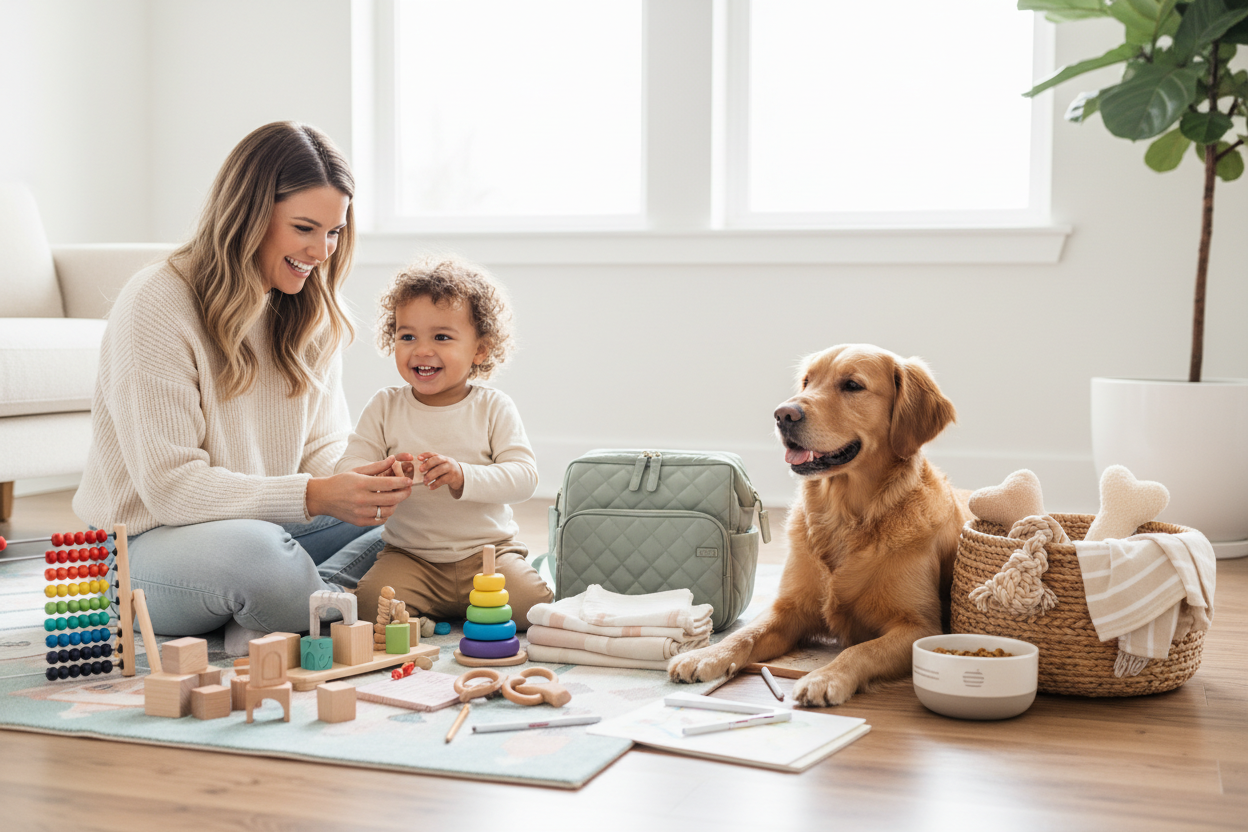 generate-an-image-for-rilexes-ecommerce-store-baby, kids and pets essentials blog-a-clean-and-professional-beautify-models-using essentials and toys for kids and pets, should be clean and professional that attract customers eyes