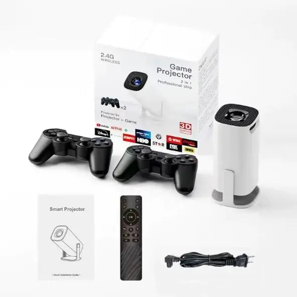 P30 Game Console Projector with wireless controllers and remote for immersive gaming and projection.