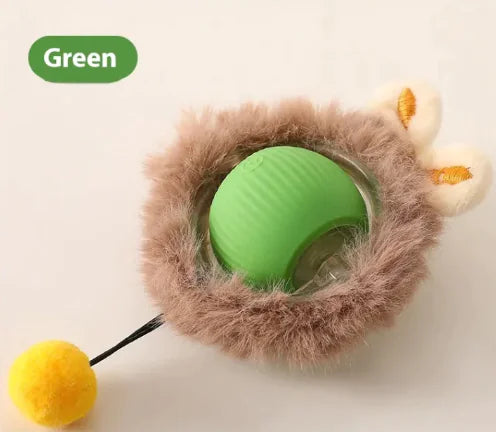 Self-Playing Rolling Cat Ball in green color with fluffy exterior and yellow pom-pom for engaging cat play.
