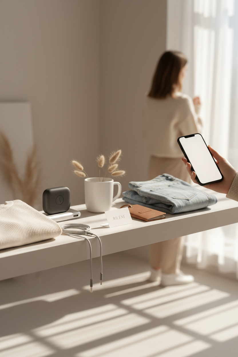 Mobile-first lifestyle hero image for a modern ecommerce brand. Clean, minimal living space with soft neutral tones. Curated everyday products (fashion, electronics, home items) styled naturally on a table or shelf. Subtle human presence (hands interacting with a product or a person in the background, not facing camera). Bright natural light, premium yet approachable mood. Small, tasteful RILEXE branding visible on product packaging, tag, or card. No promotional text, no clutter. High-end Shopify and social