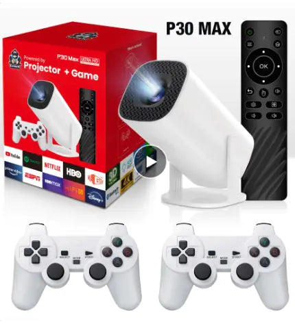 P30 Game Console Projector with controller and remote control in packaging for immersive gaming experiences.
