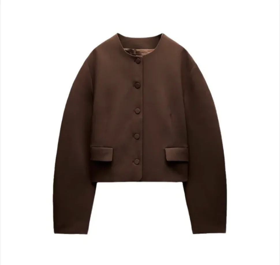 Slim-Fit Stand Collar Jacket & Skirt Set in solid brown color, featuring a stand collar and button-down front design.