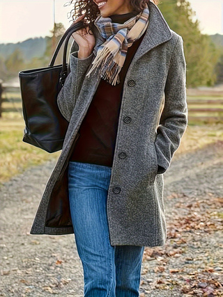 Women wearing a Women's New Vintage Solid Color Button-up Stand-up Collar Woolen Jacket with a scarf and handbag. Main image