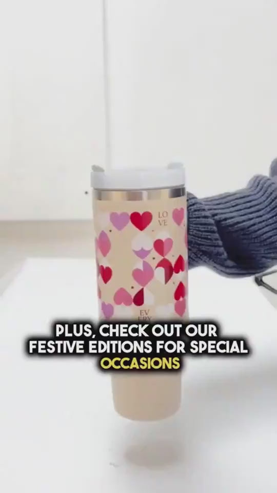40oz Insulated Stainless Steel Tumbler Handle Straw Lid with heart designs and festive elements